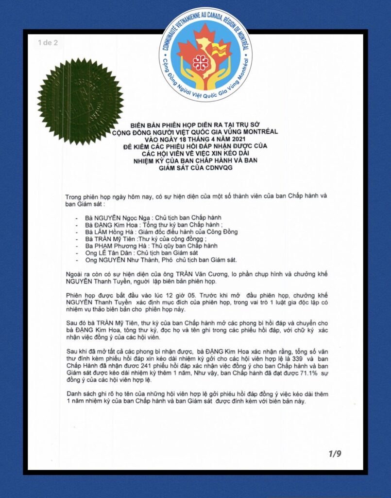 Biên bản phiên họp kéo dài nhiệm kỳ Ban Chấp hành